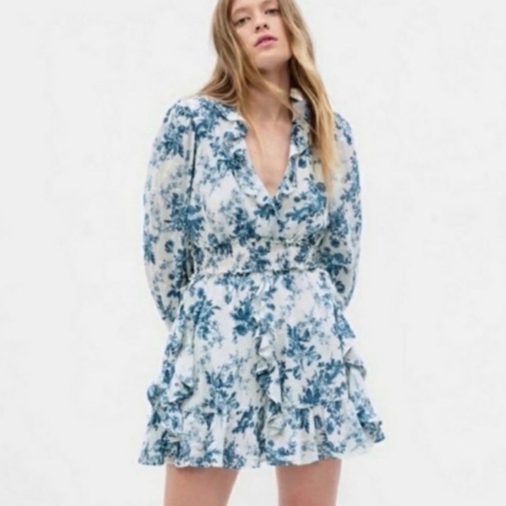 GAP x Loveshackfancy Blue and White Long Sleeve Floral Dress